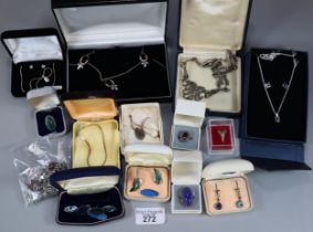 Box of silver and other jewellery to include: dress rings, necklace, pendant and earring set,