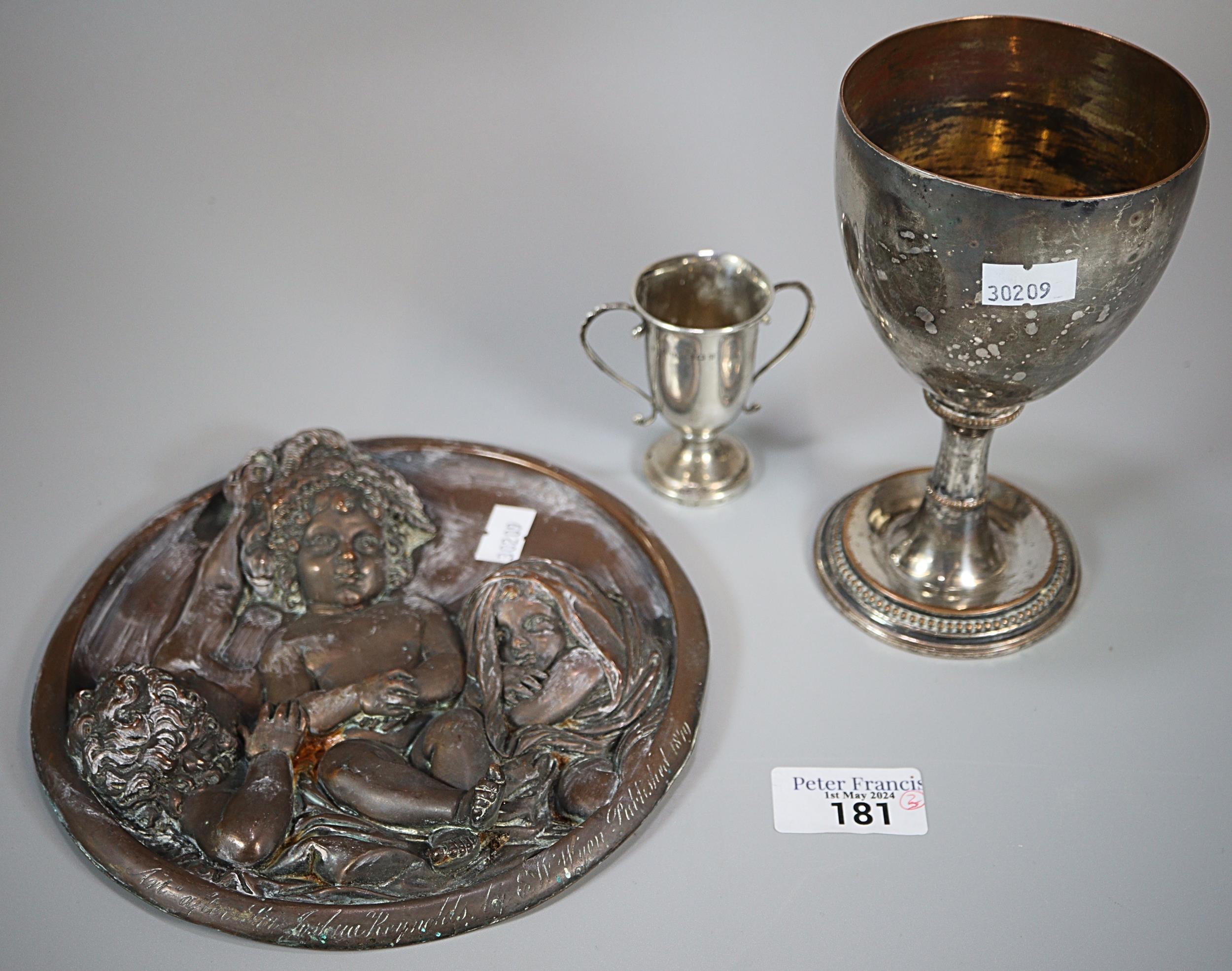 Silver miniature two handled trophy cup. 0.7 troy oz approx. together with a white metal goblet. 8.3