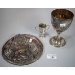 Silver miniature two handled trophy cup. 0.7 troy oz approx. together with a white metal goblet. 8.3