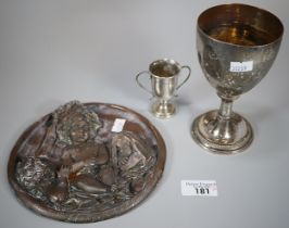 Silver miniature two handled trophy cup. 0.7 troy oz approx. together with a white metal goblet. 8.3