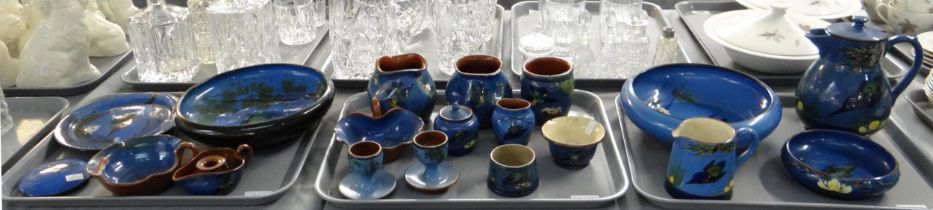Three trays of Torquay pottery Kingfisher design items; Longpark and others to include: bowls,