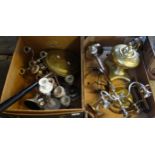 Two boxes of metalware to include: brass bed warmer with turned wooden handle, candelabra,