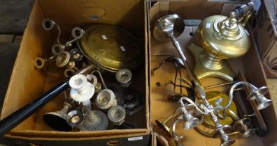 Two boxes of metalware to include: brass bed warmer with turned wooden handle, candelabra,