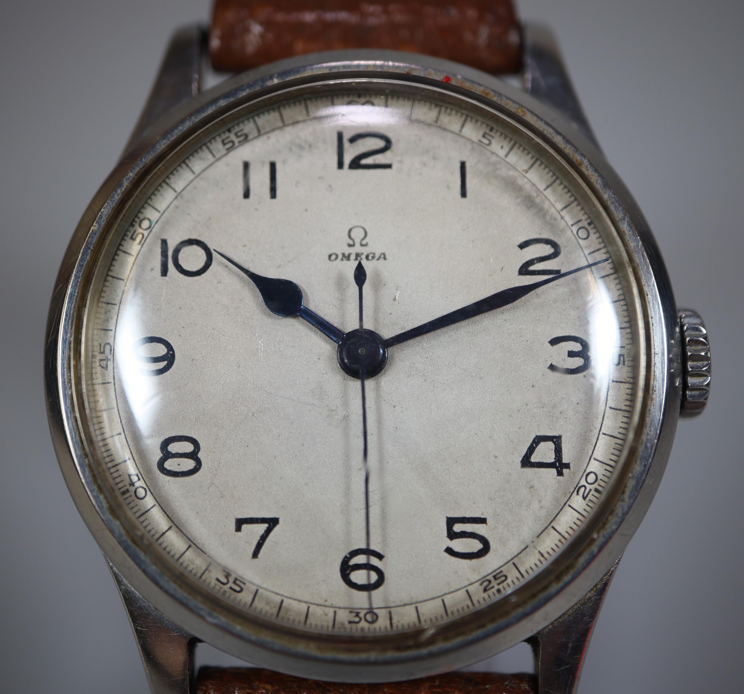 Vintage Omega steel mechanical gentleman's military style wristwatch with Arabic numerals, sweep - Image 2 of 8