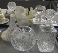 Tray of glassware to include: two spirit decanters, a crystal ship's decanter and a spherical