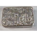 Silver plated snuff box with relief cast scenic hinged cover. Un-marked. 72mm accross approx. (B.