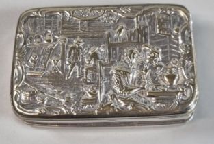 Silver plated snuff box with relief cast scenic hinged cover. Un-marked. 72mm accross approx. (B.