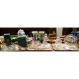 Three trays of lead cut crystal glassware to include: Cork coat of arms commemorative plate,