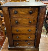 19th century miniature table top mahogany Wellington type chest of five drawers, the interior