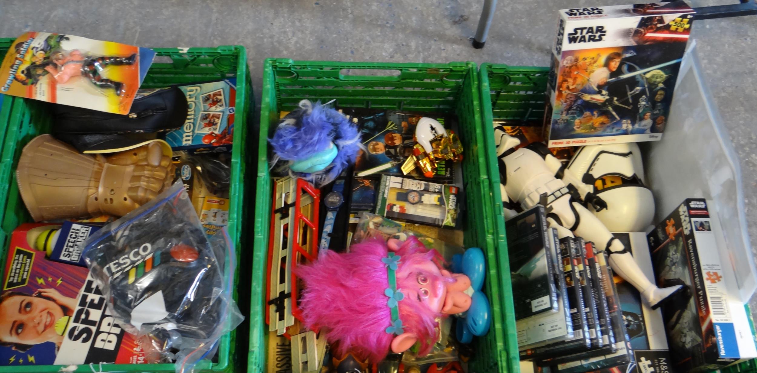 Four crates of toys, Star Wars memorabilia and games to include: Corgi Car transporters, Lego Star - Image 2 of 3
