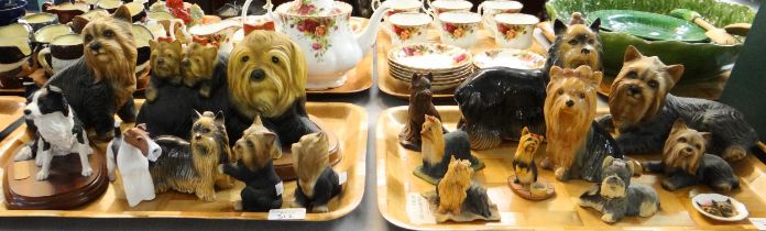 Two trays of dog figures, mostly Yorkshire terriers to include: Sylvac, Harvey Knox pottery,