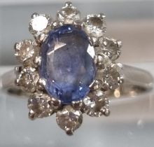 18ct gold powder blue sapphire and diamond cluster ring. 3.7g approx. Size H. (B.P. 21% + VAT)