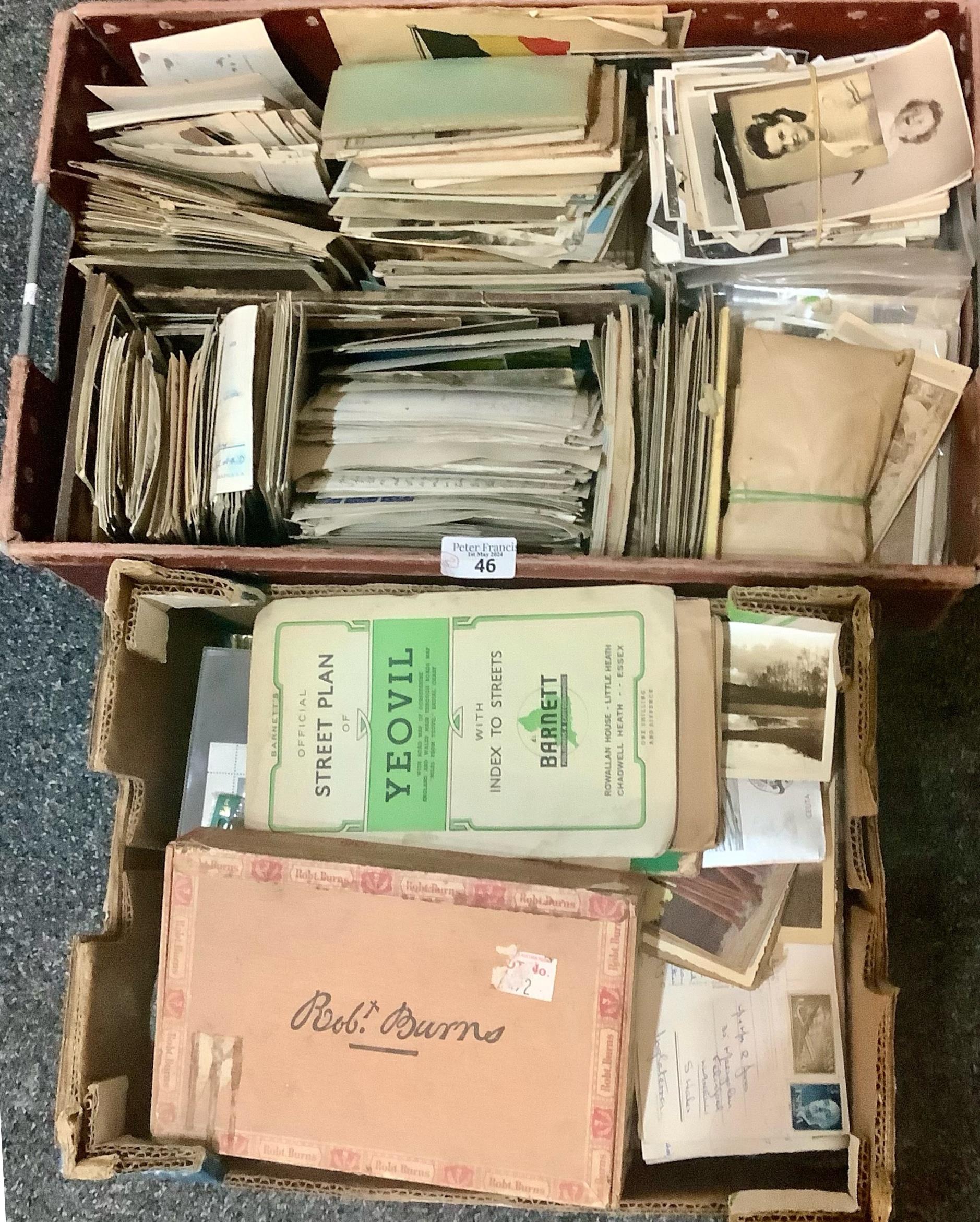 Collection of postcards, photographs and some stamps in two boxes, many 100s. (B.P. 21% + VAT)