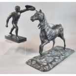 Neo-Classical spelter Greek warrior together with a hollow bronze study of a horse on naturalistic