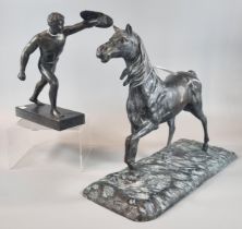 Neo-Classical spelter Greek warrior together with a hollow bronze study of a horse on naturalistic