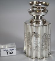 Continental white metal canister/flask, the body with engraved floral and foliate decoration,