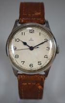 Vintage Omega steel mechanical gentleman's military style wristwatch with Arabic numerals, sweep