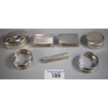 Box of silver to include: two napkin rings, two silver boxes one decorated with jockey and