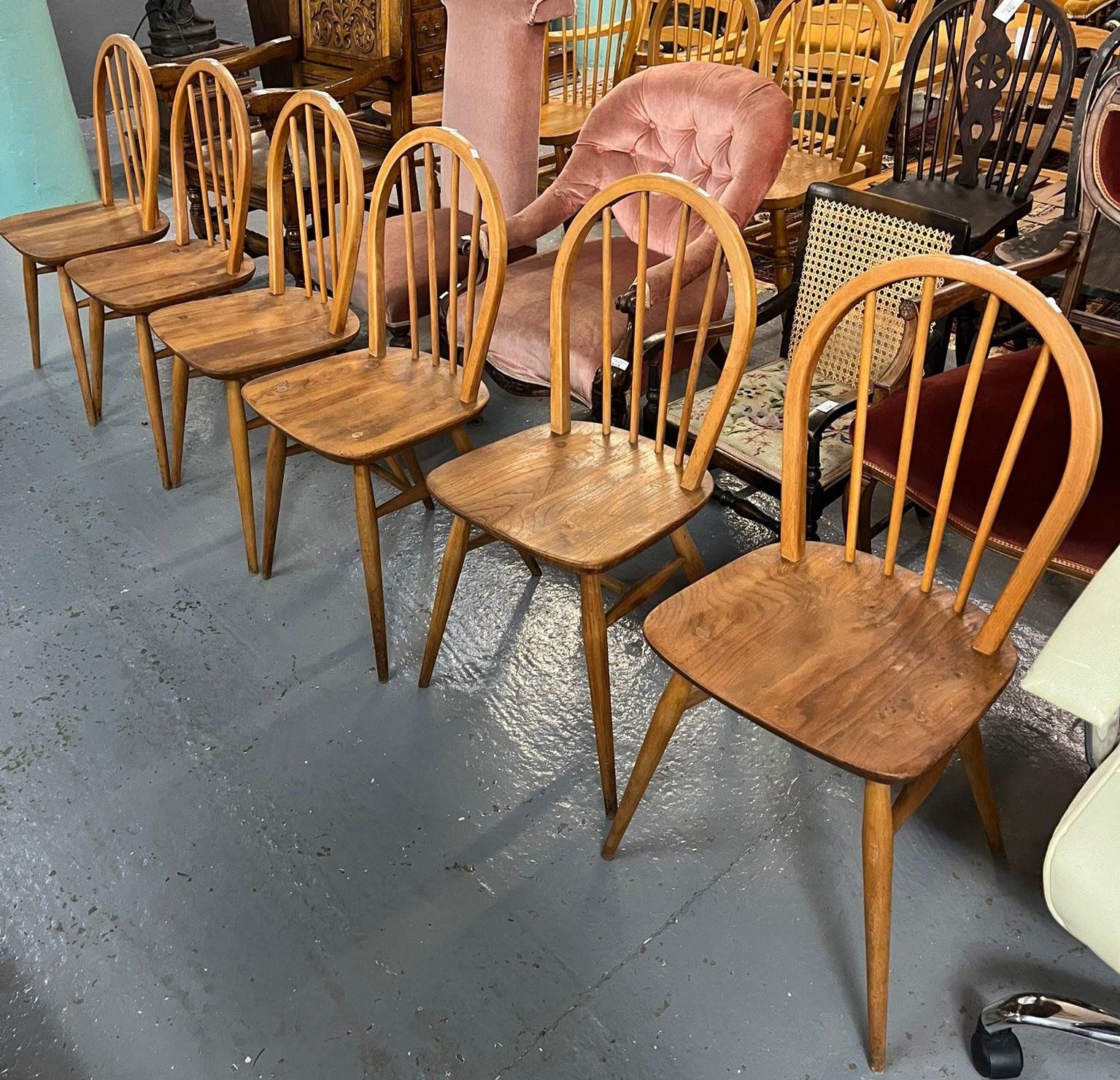 Set of six elm and beech hoop and spindle back kitchen chairs, in Ercol style. (6) (B.P. 21% + VAT)