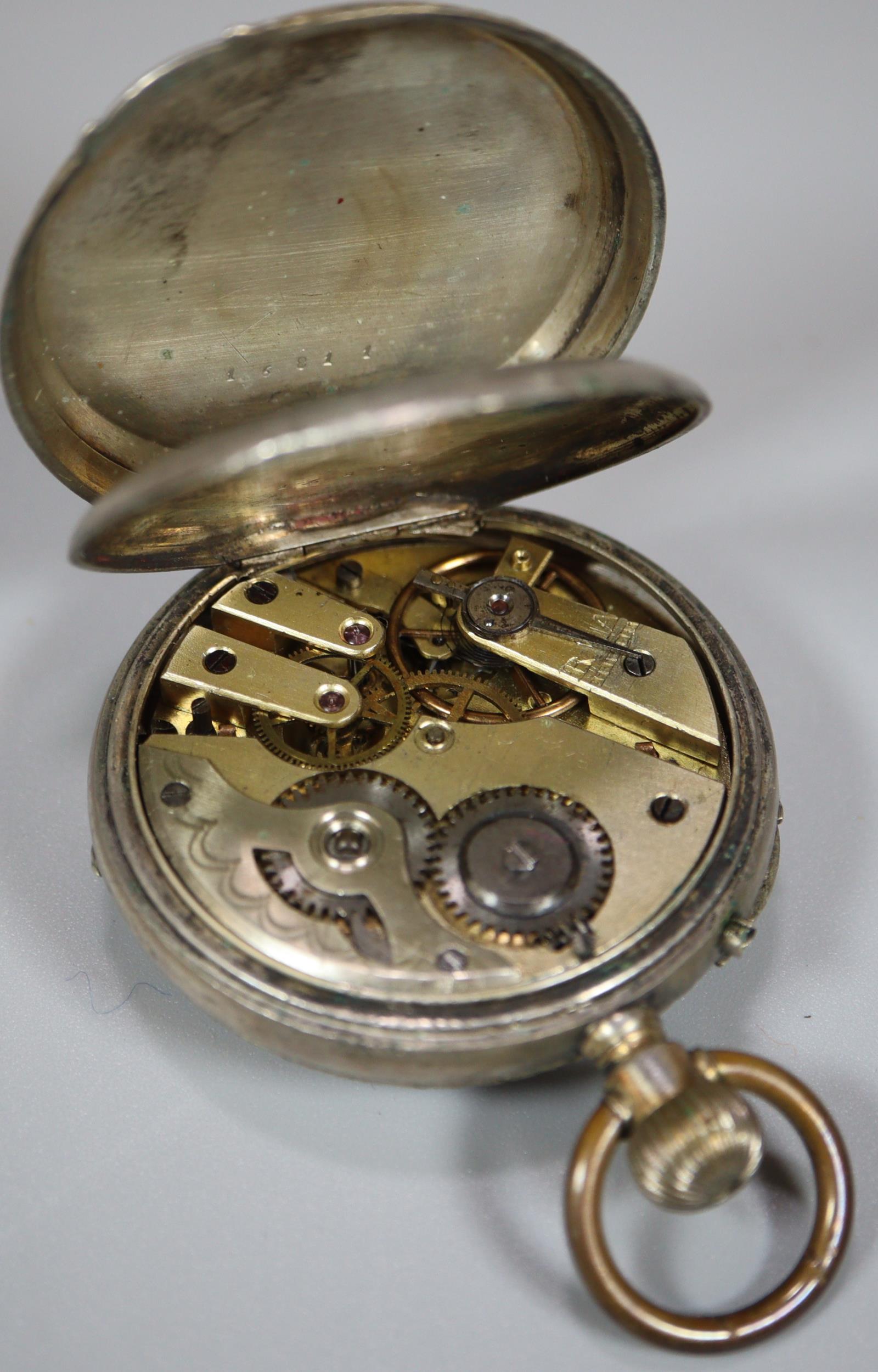 Swiss white metal open faced keyless pocket watch with Roman face and seconds dial together with two - Image 2 of 3