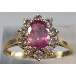 18ct gold pink stone and diamond cluster ring (possibly sapphire). 3.1g approx. (B.P. 21% + VAT) The