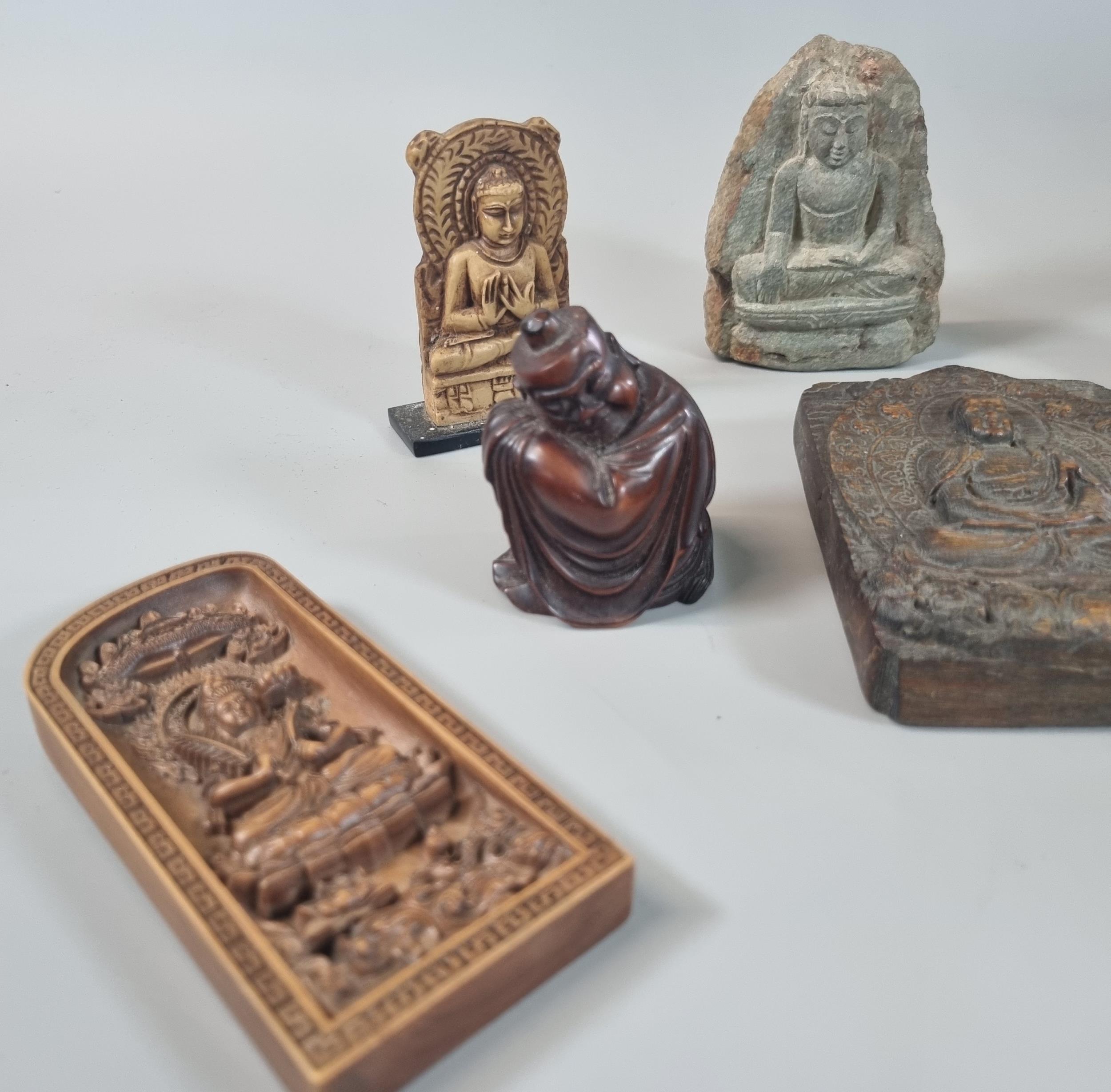 Collection of carved Buddha and other figurines, resin, stone and wood. (8) (B.P. 21% + VAT) - Image 2 of 3