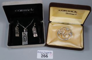 Carrick Scotland silver Mackintosh style pendant on chain and earrings set together with a Carrick