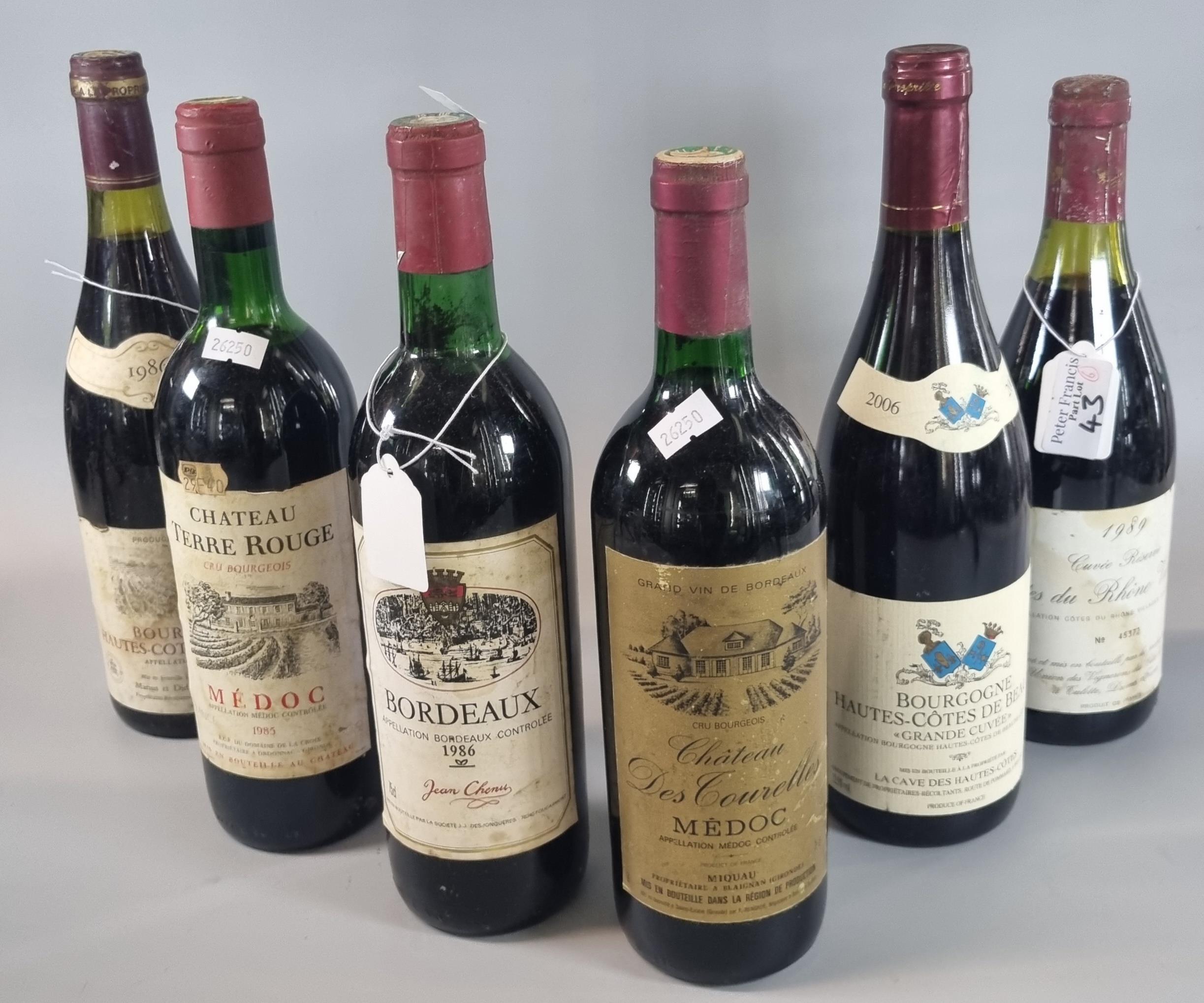 Six bottles of red wine to include: Chateaux Terre Rouge 1985, Bordeaux Appellation 1986, Chateaux