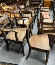 Collection of mainly 19th century oak farmhouse bar back and carver chairs, camel back, bobbin and