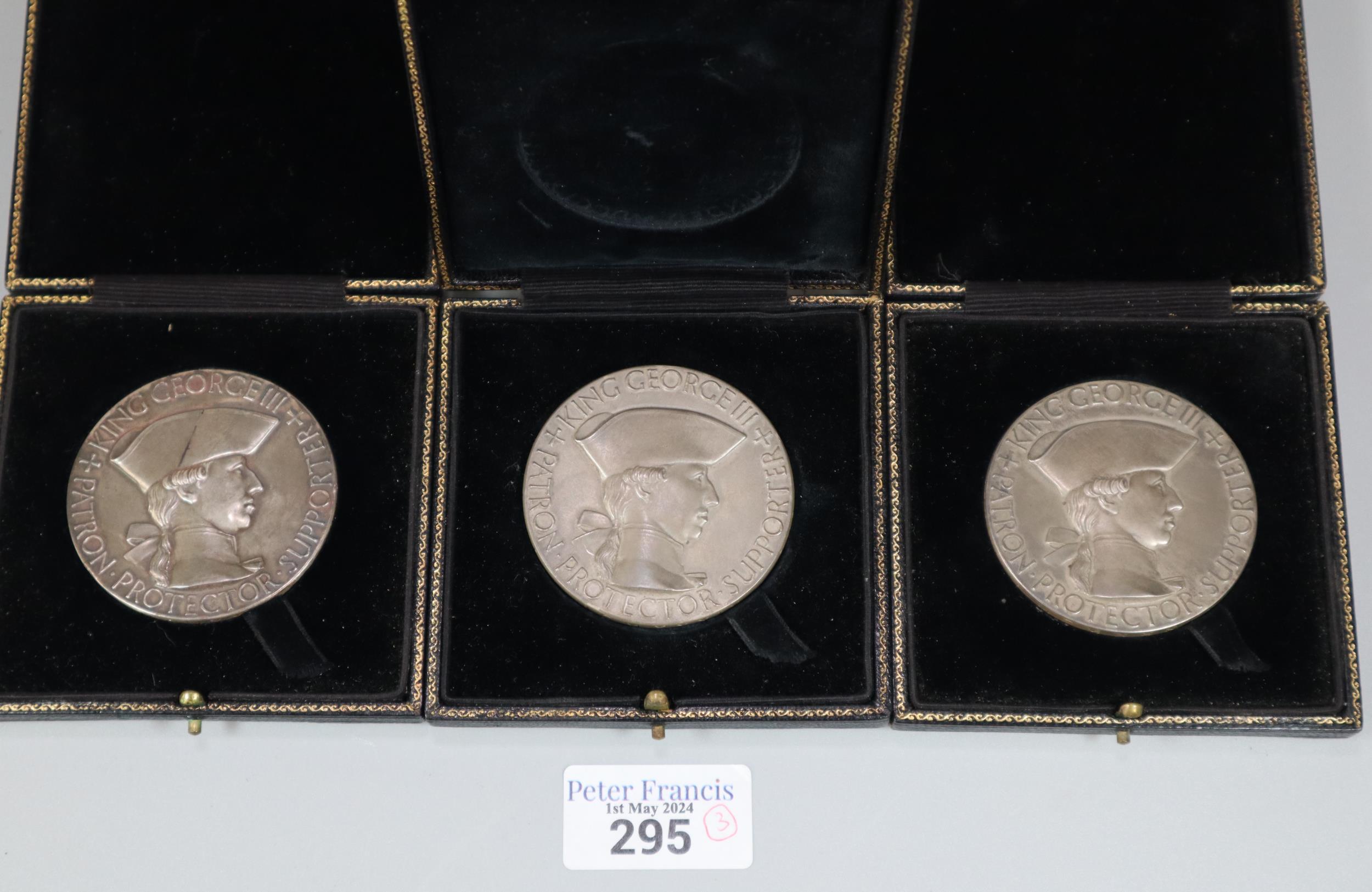 Group of three Royal Academy of Arts bronze medallions, each marked to the rim 'James Rutherford for