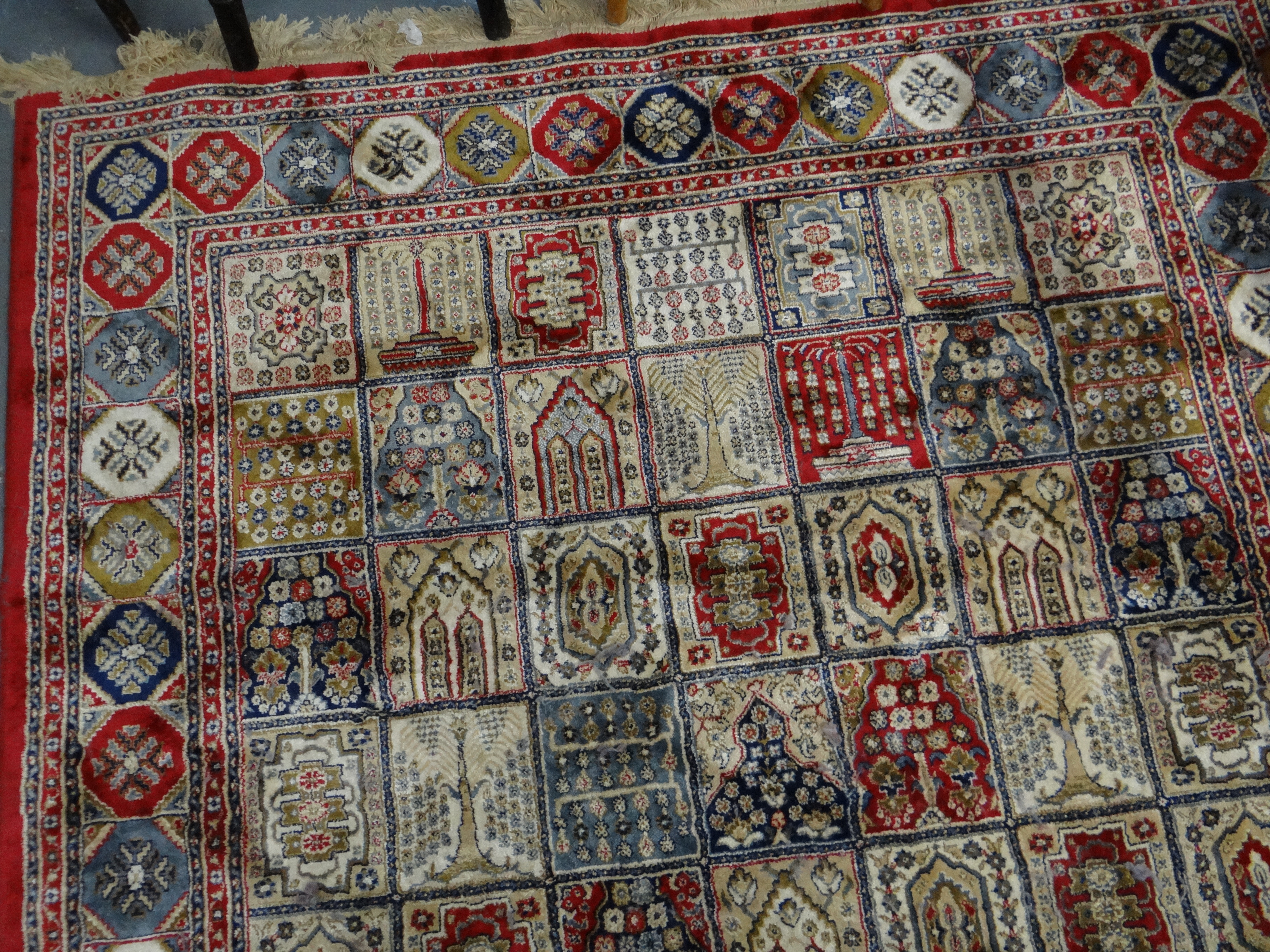 Persian Kashmir full pile rug with multi-coloured garden panel designs. 230 x 160cm approx. (B.P.