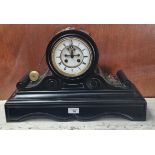 19th century black slate drum head shape two train mantel clock with Roman ceramic dial and