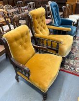 Victorian walnut upholstered button back fireside chair together with Edwardian button back ladies