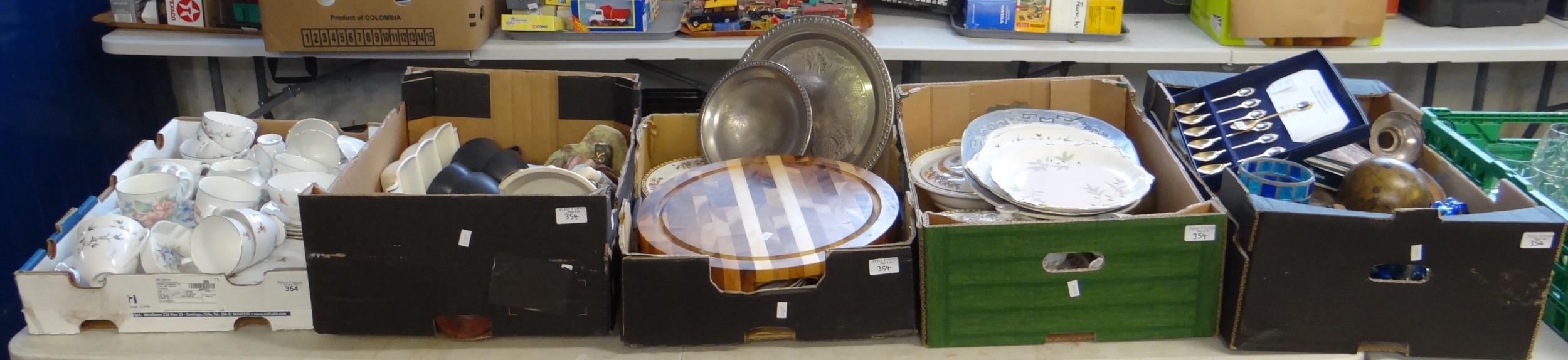 Five crates of assorted items, mostly china to include: various teaware; Royal Stafford, Royal