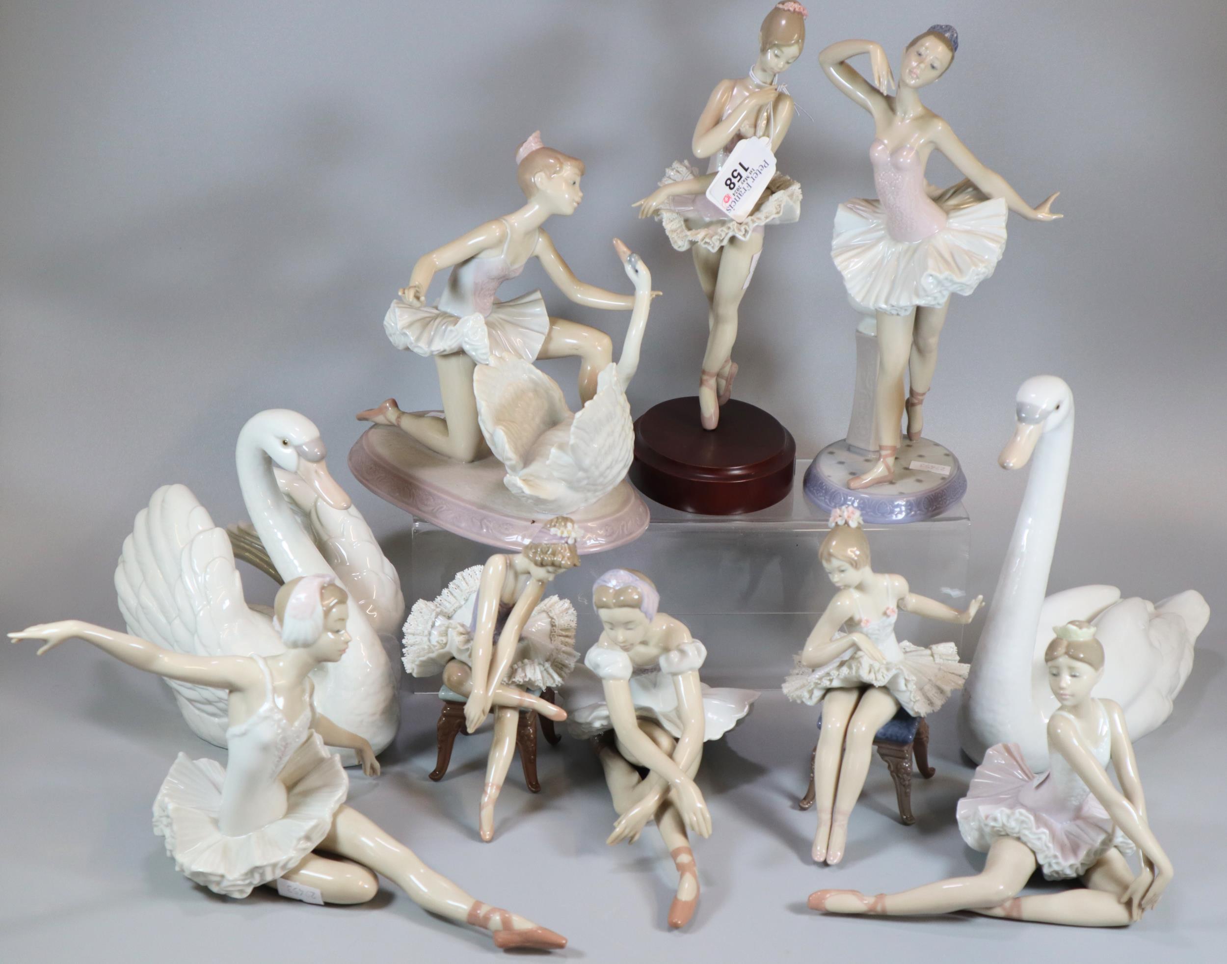 Ten Lladro Spanish Porcelain ballerina and swan figures; one on stand, two seated, one of a