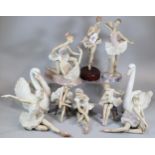 Ten Lladro Spanish Porcelain ballerina and swan figures; one on stand, two seated, one of a