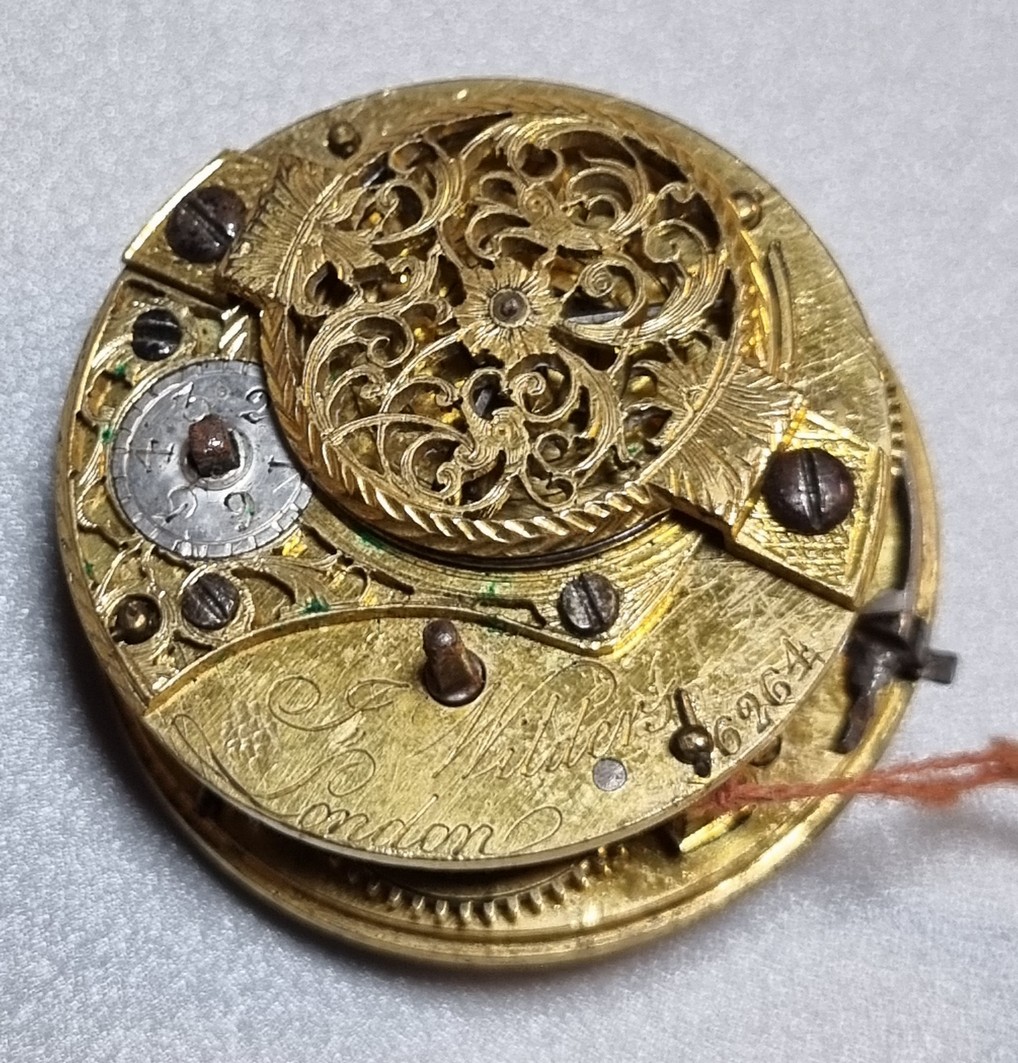 18th century Fusee pocket watch movement only marked J Wilders of London, having Roman painted - Image 3 of 7