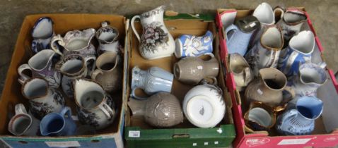 Three boxes of 19th Century dresser jugs including: 'Auricular' H.W & Co, copper lustre, relief