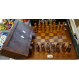 Wooden chess board with full set of chess pieces and wooden box. (B.P. 21% + VAT)