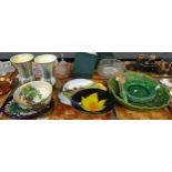 Three trays of china to include: Majolica green cabbage and other plates, Portuguese Majolica