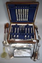 Collection of silver, silver plated and other flatware, some wooden, some with horn decoration,