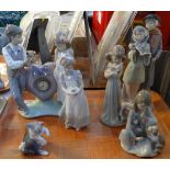 Tray of Spanish porcelain Lladro figures to include: 'Time for Love' figure group with clock, '