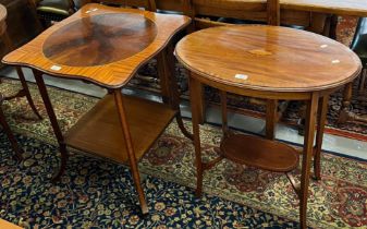 Three Edwardian mahogany inlaid occasional tables, of oval, circular and square form, all with under