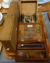 Tray of wooden boxed items to include: C. Baker 244 High Holborn, London, surgeon's boxed set