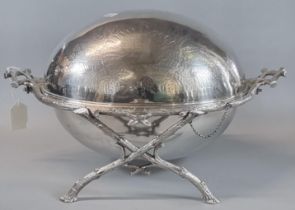 Victorian silver plated bacon warmer in Japanese taste decorated with simulated bamboo handles and