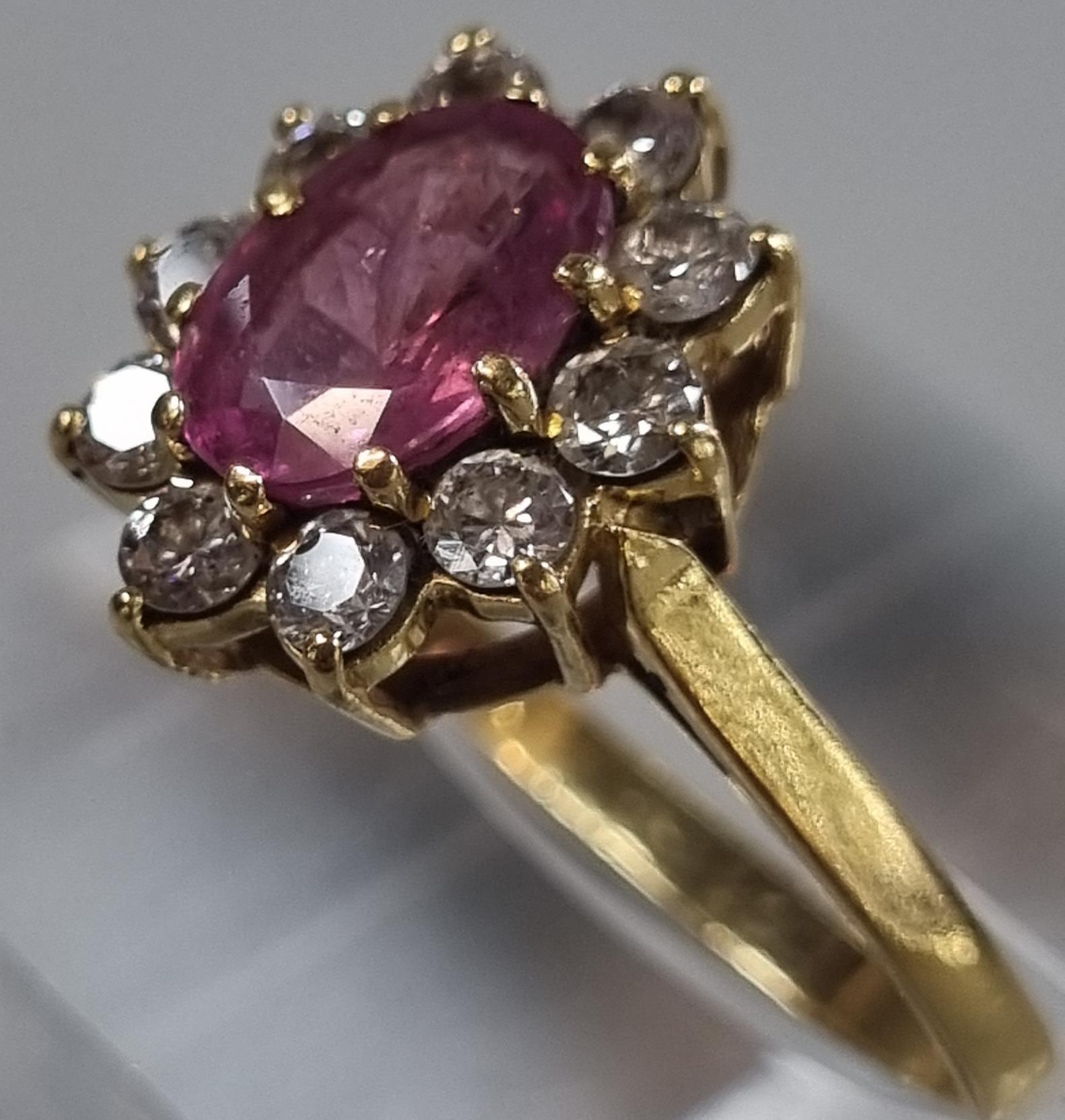 18ct gold pink stone and diamond cluster ring (possibly sapphire). 3.1g approx. (B.P. 21% + VAT) The - Image 2 of 7