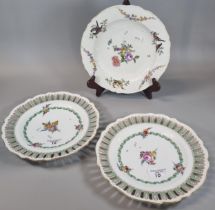 Pair of German ribbon plates with floral sprays together with a Meissen porcelain plate depicting