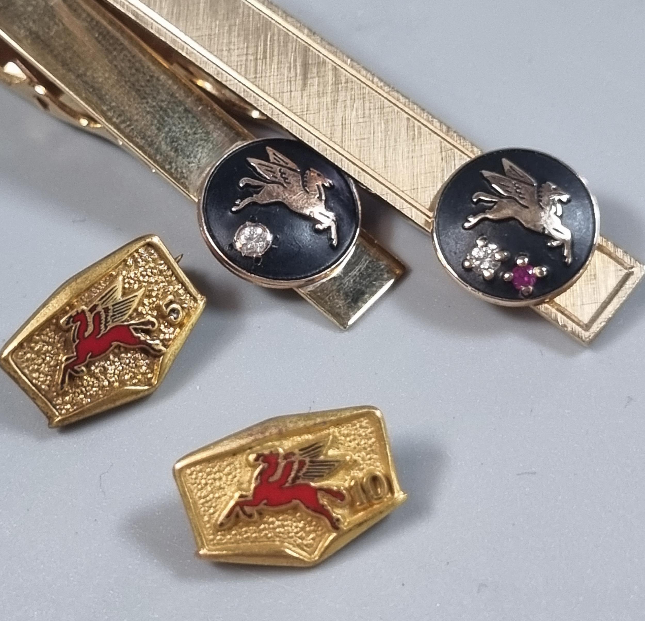 Two similar tie pins, one marked 10K, both with gold pendants of Pegasus horse, ruby and diamonds. - Image 3 of 3