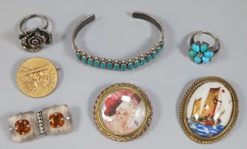Collection of jewellery to include: R. Lalique Spes Mihi brooch, other French brooches, dress rings,