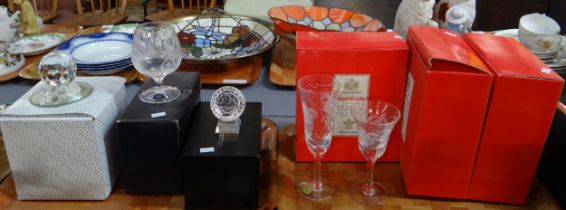 Two trays of boxed lead crystal glassware to include: Royal Brierley Fuschia design small wine